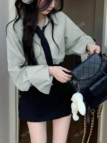 Ladies Formal School Style Long Sleeve Striped Shirt With Tie