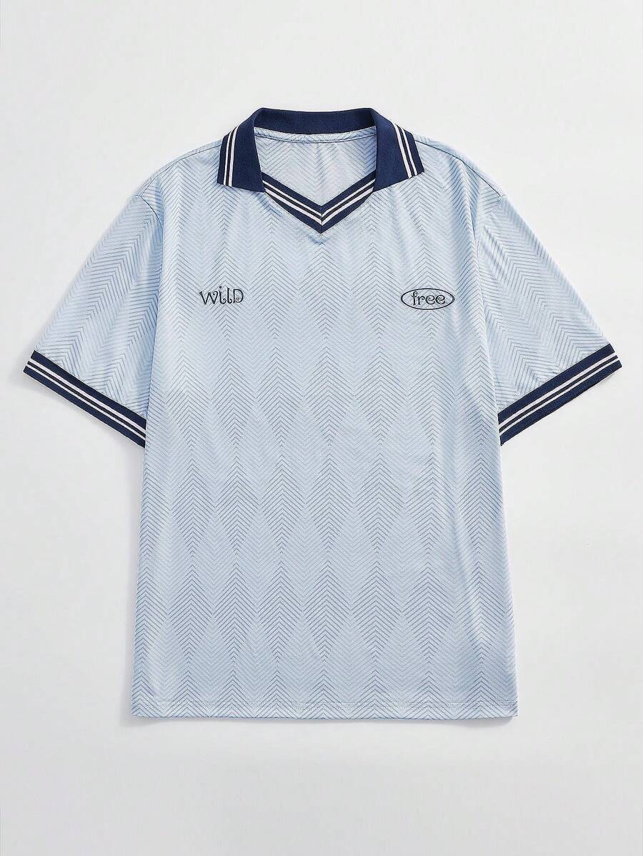 Aesthetic Post 男士字母圖案條紋飾邊T恤 - 寶藍色 - 查看 1