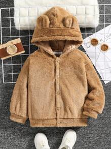 SHEIN Young Boy Cartoon Bear Pattern 3D Ears Design Hooded Teddy Jacket - Khaki - View 2