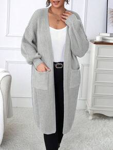 Calvaya Plus Dual Pocket Drop Shoulder Duster Cardigan - Grey - View 5