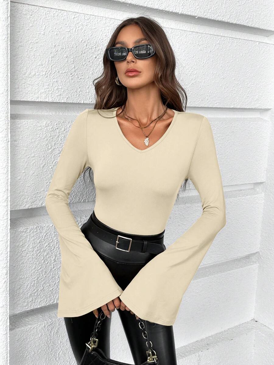 SHEIN Essnce Women's Slim Fit Flared Sleeve T-shirt - Apricot - View 1