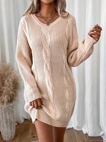 SHEIN LUNE 麻花編織落肩袖毛衣洋裝 - 米色 - 查看 5