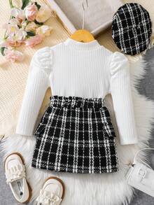 SHEIN 幼兒女孩時尚休閒裝長袖白色泡泡袖上衣黑色格紋裙搭配帽子 - 彩色 - 查看 2