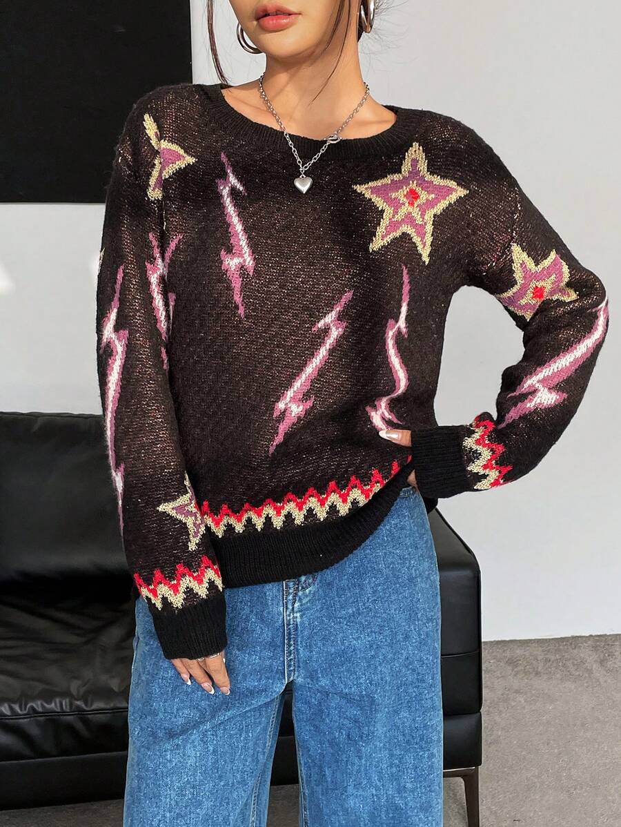 Chiquease 星光闪电图案落肩针织套头衫秋冬毛衣 - 黑色 - 查看 1