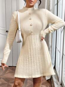 SHEIN Privé Solid Color Stand Collar Knitted Sweater Dress With Pearl Button And Ribbed Detail - Black - View 1