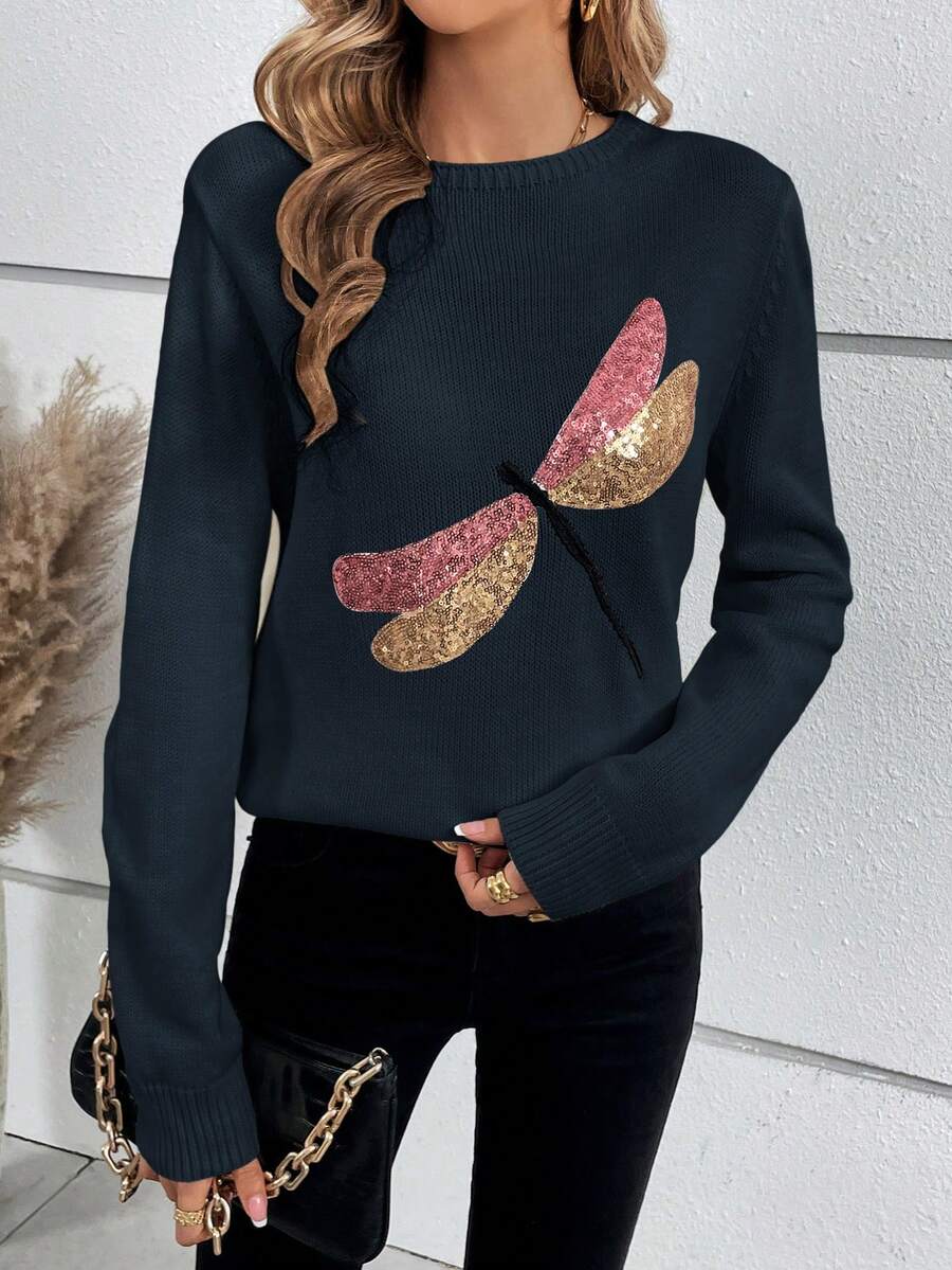 SHEIN LUNE con chuồn chuồn Mẫu Tương phản Sequin Áo len - Xanh đậm - Xem 1