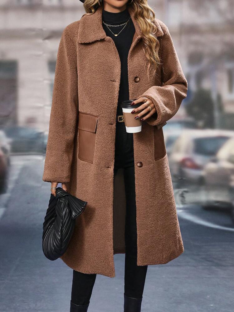 Flap Pocket Drop Shoulder Teddy Coat