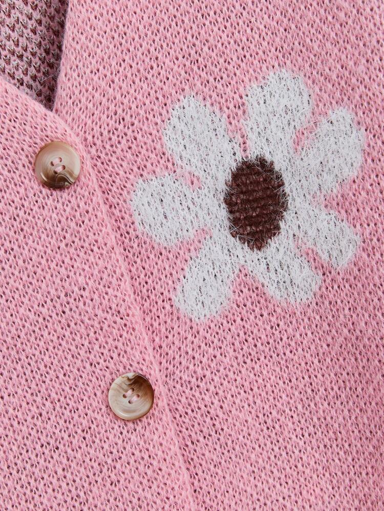 Tween Girl Floral Pattern Drop Shoulder Cardigan
