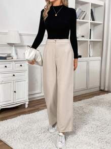 SHEIN Frenchy 女款前拉鍊直筒褲 - 杏色 - 查看 3