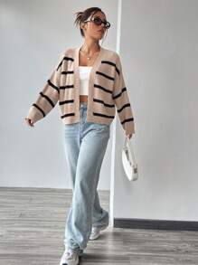 SHEIN Unity 條紋圖案落肩袖開襟開衫 - 彩色 - 查看 5