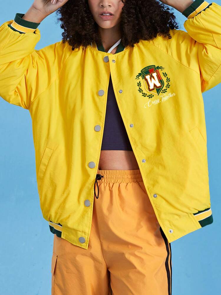 Letter Graphic Button Front Padded Coat