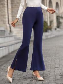 SHEIN LUNE Solid Flare Leg Pants - Royal Blue - View 5