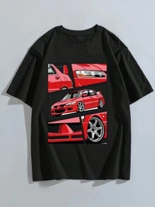 Camiseta Con Estampado Grande De Carreras De Elementos Con Estilo Suelto Y Hombros Caídos - Negro - Ver 3