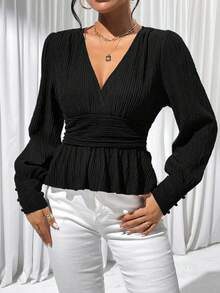 SHEIN Privé Màu thuần Tay áo lồng đèn Áo sơ mi Với Xù Hoa Sen - màu đen - Xem 3