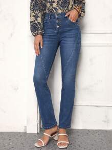 SHEIN LUNE Button Fly Jeans - Blue - View 5