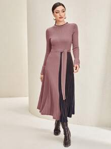 Mulvari Color Block Belted Pleated Sweater Dress - Purple - View 1