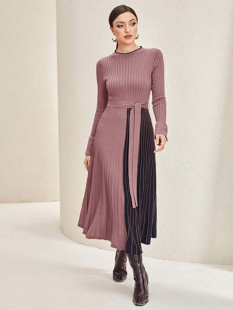Mulvari Color Block Belted Pleated Sweater Dress - Purple - View 1