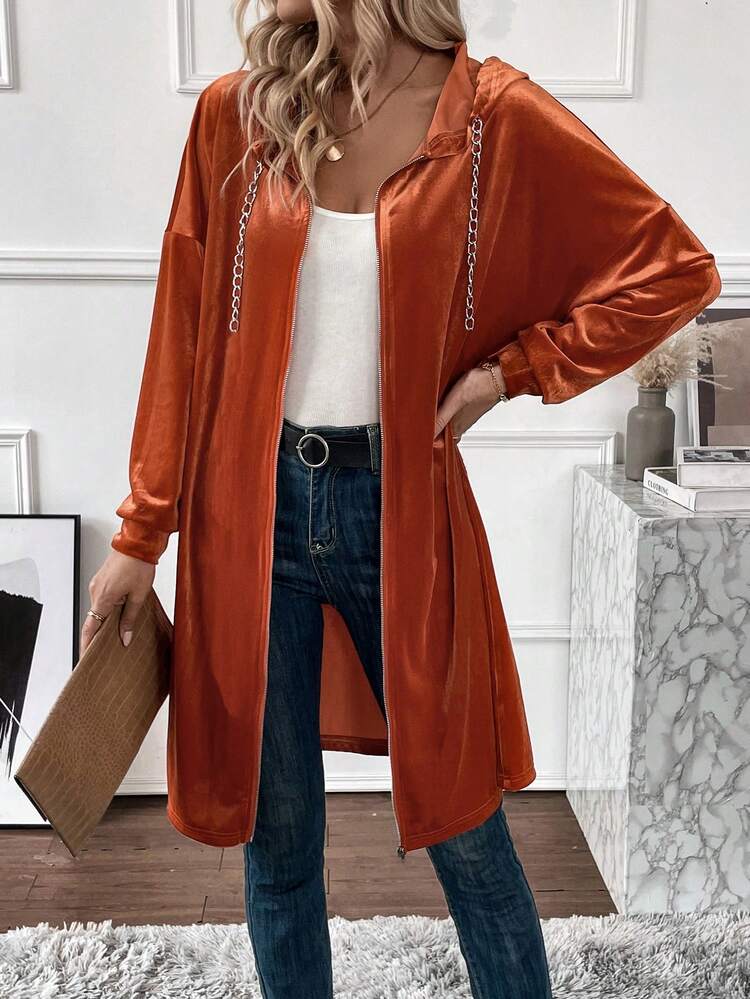 Chain Detail Drop Shoulder Hooded Velvet Coat Fall Cloth For Women