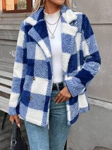 SHEIN Essnce 大方格圖案雙排釦絨毛外套 - 彩色 - 查看 6
