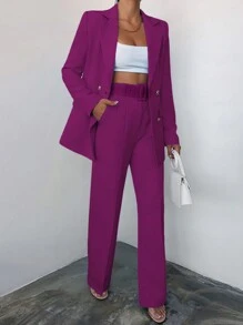 EURMUSE 2-teiliges Einfarbiges Einreiher-anzugset - Wassermelonenrosa - Übersicht 3