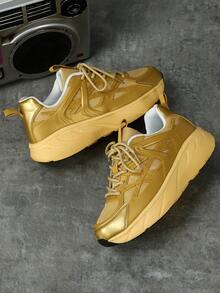 女士個性化和創意金色休閒鞋，獨特的設計和舒適的行走體驗，厚底平台厚底運動鞋 - 金色 - 查看 4