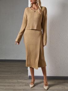 SHEIN Clasi Thả vai Áo len & Bọc Váy dệt kim - Màu Khaki - Xem 4