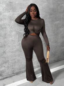 Slaydiva Twist Front Crop Tee & Flare Leg Pants - Brown - View 6