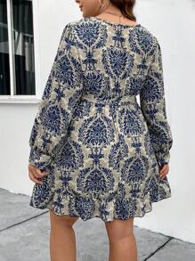 大碼滿版印花繫腰帶洋裝 - 彩色 - 查看 3