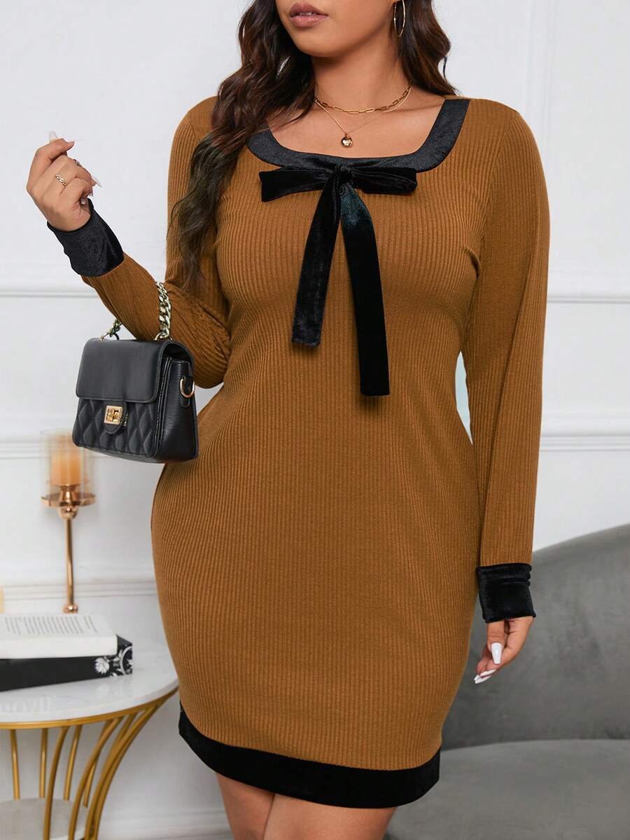 SHEIN LUNE Plus Contrast Trim Bow Front Dress - Brown - View 1
