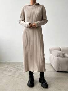 RueChic Solid Ribbed Knit Drop Shoulder Hooded Dress