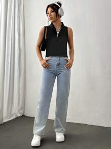 Flirla Canotta con mezza zip in maglia a coste - nero - Visualizzare 3