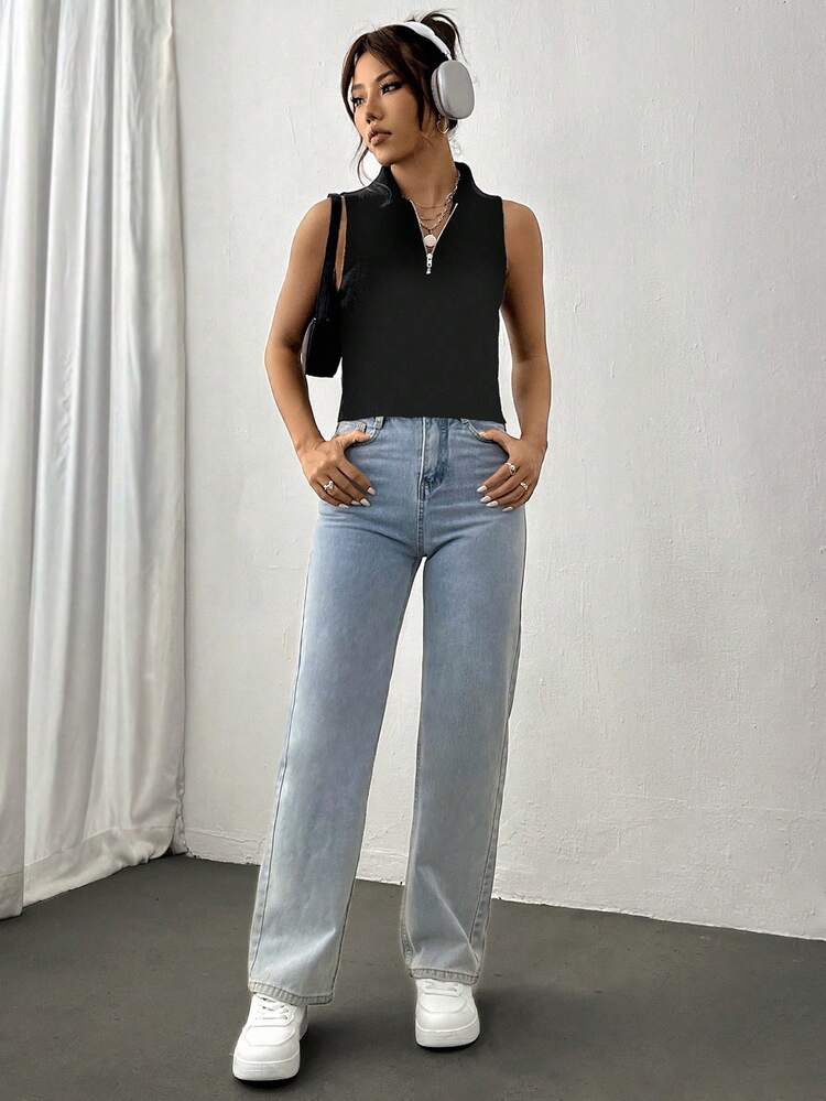 Flirla Một nửa khóa kéo Đồ đan Ribbed Áo ba lỗ - màu đen - Xem 3