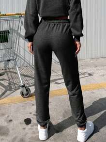 RueChic Letter Embroidery Drawstring Waist Sweatpants - Black - View 2