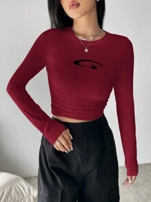 SHEIN Unity 女士星紋短版t恤 - 酒紅色 - 查看 1