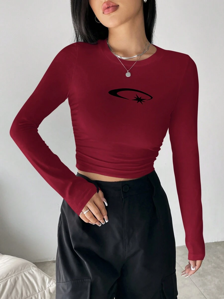 SHEIN Unity 女士星紋短版t恤 - 酒紅色 - 查看 1