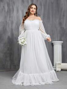 Vestido De Novia De Talla Grande Con Hombros Descubiertos, Dobladillo Con Volantes Y Capa Superpuesta De Malla - Blanco - Ver 4