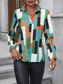 EMERY ROSE 女士印花v領襯衫 - 薄荷藍 - 查看 4