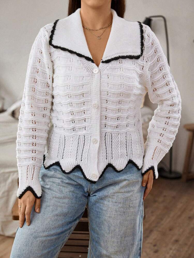 Plus Contrast Trim Pointelle Knit Cardigan