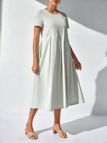 纯色褶皱下摆长款连衣裙 - 杏色 - 查看 5