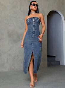 SHEIN ICON 前開叉抹胸牛仔洋裝 - 中等水洗藍 - 查看 3
