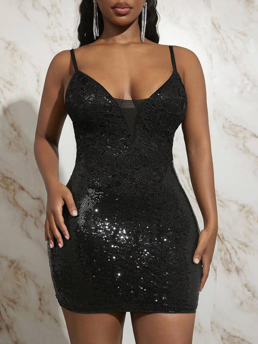 Slaydiva Mesh Insert Sequin Cami Bodycon Dress - Black - View 1