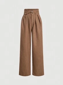 SHEIN MOD 高腰腰帶闊腿褲 - 棕色 - 查看 1