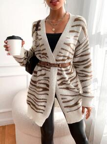 SHEIN LUNE Áo khoác cardigan trễ vai họa tiết sọc ngựa vằn không có thắt lưng - Nhiều màu - Xem 1