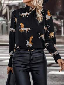 SHEIN Clasi Leopard Print Mock Neck Blouse
