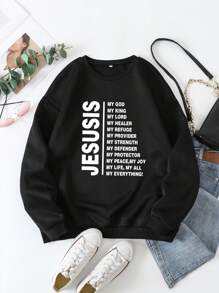 INAWLY Plus Slogan Graphic Drop Shoulder Sweatshirt - Black - View 6