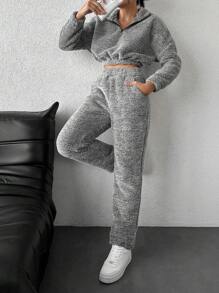 EURMUSE Women's Batwing Sleeve Furry Sweatshirt And Long Pants Two Piece Set - Grey - View 2