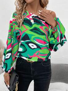 SHEIN Clasi Allover Print Asymmetrical Neck Lantern Sleeve Blouse - Multicolor - View 3