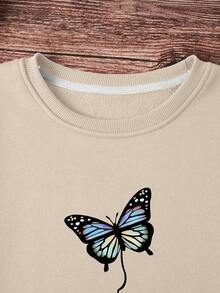 SHEIN EZwear Chữ & Bướm In Lót nhiệt Áo nỉ - Màu be - Xem 4
