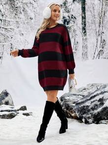 SHEIN Sukienka ciążowa z odkrytymi ramionami i kolorowym blokiem kolorów, na zimę - Wielokolorowe - Zobacz 6