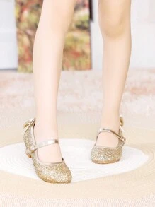 Winter Party Dress Matched With Gold Bow Decorated Children's High Heels - Gold - View 5